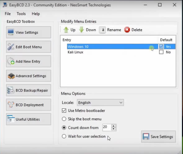 Adding Kali Linux to Windows Boot Manager using EasyBCD