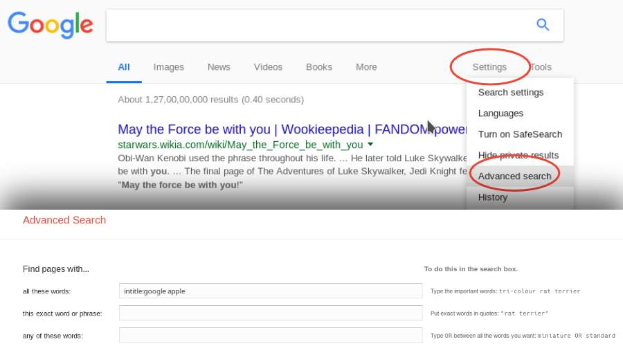 Google advanced search settings
