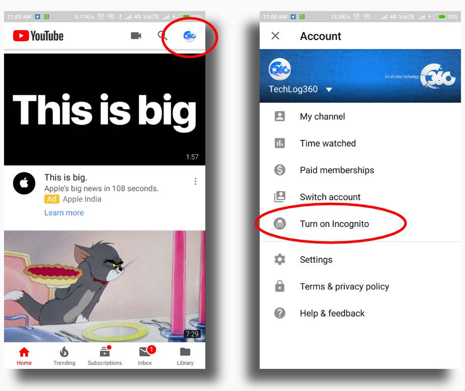 Turn on Incognito on YouTube