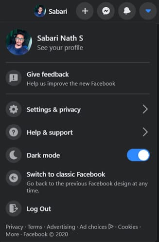 Facebook dark mode