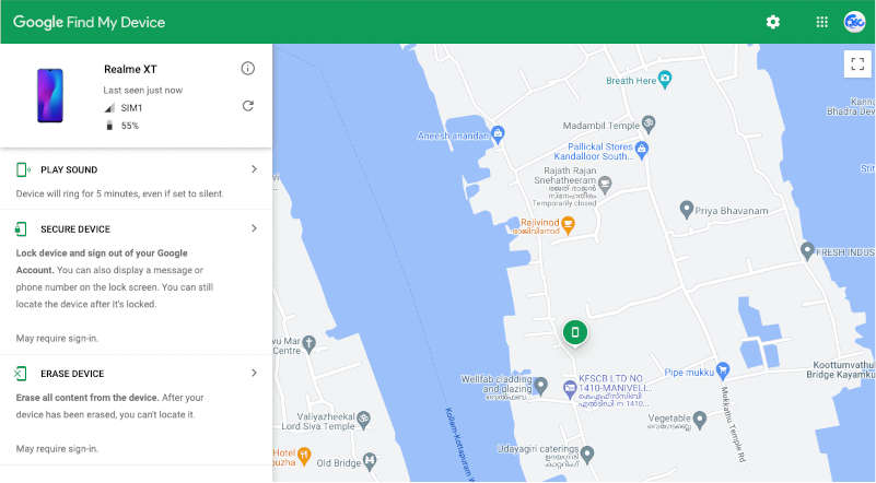 Google Find My Device page
