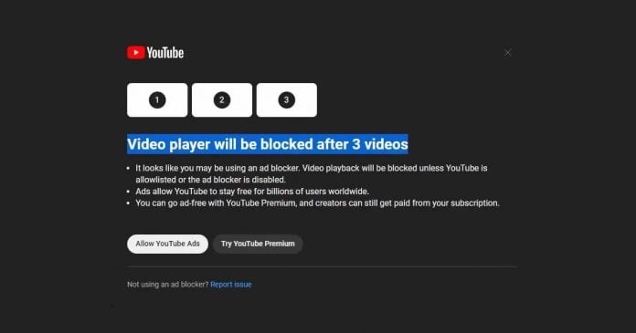 YouTube Restrict AdBlock Users to Watch Only Three Videos